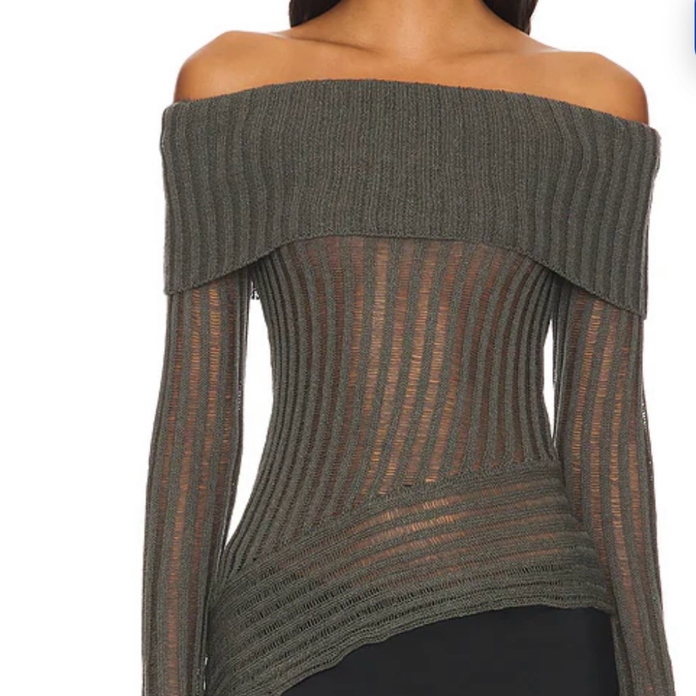 Superdown Off-Shoulder Ribbed Sweater in Olive